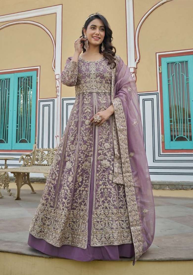 Lavender Embroidered Net Pakistani Suit Set - Indya