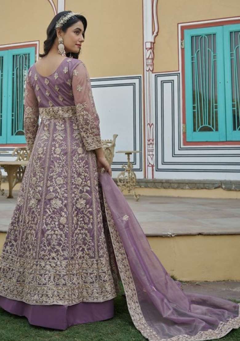 Lavender Embroidered Net Pakistani Suit Set - Indya
