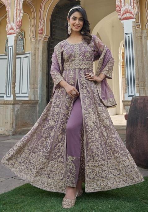 Lavender Sequence And Thread Work Net Kurta Set