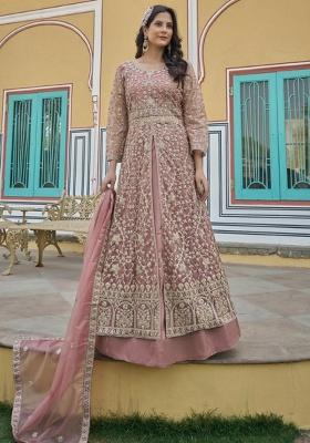 Peach Sequence And Thread Work Net Kurta Set