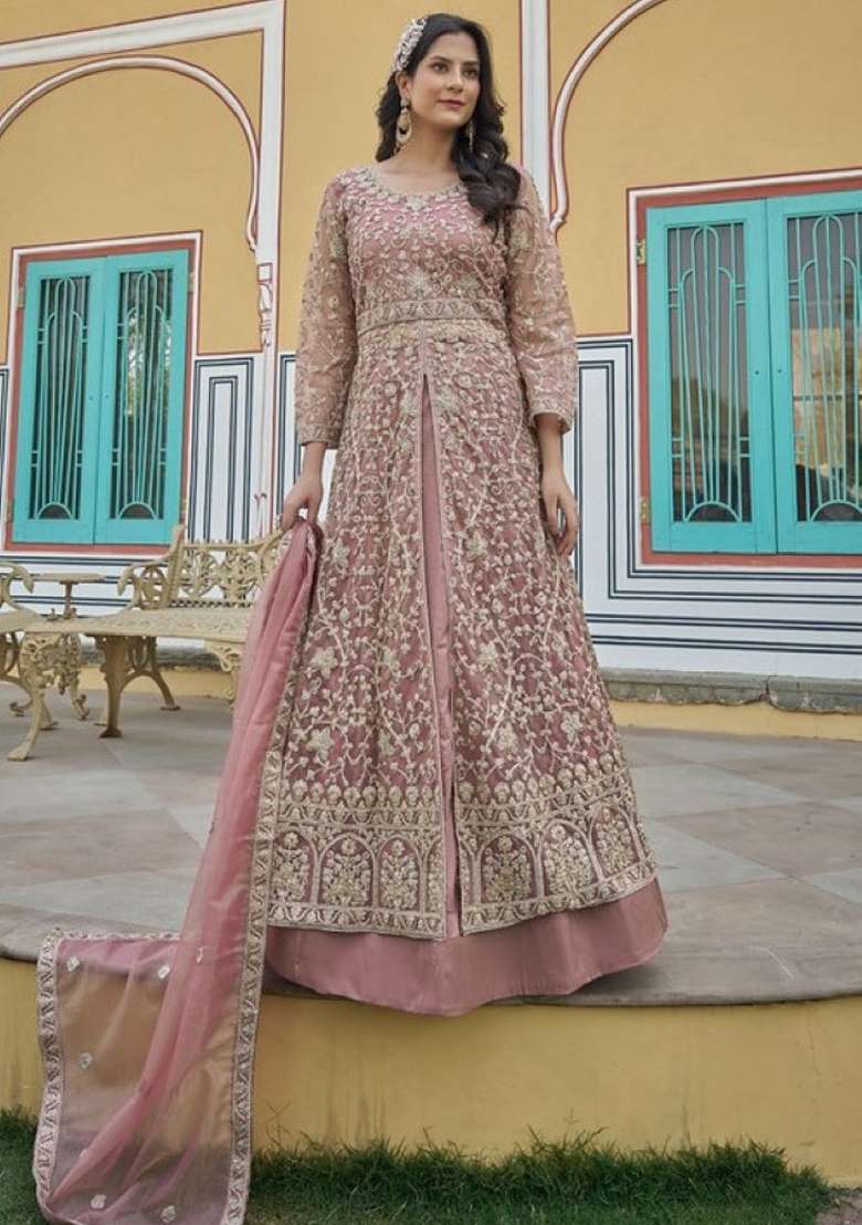 Peach Embroidered Net Anarkali Set - Indya