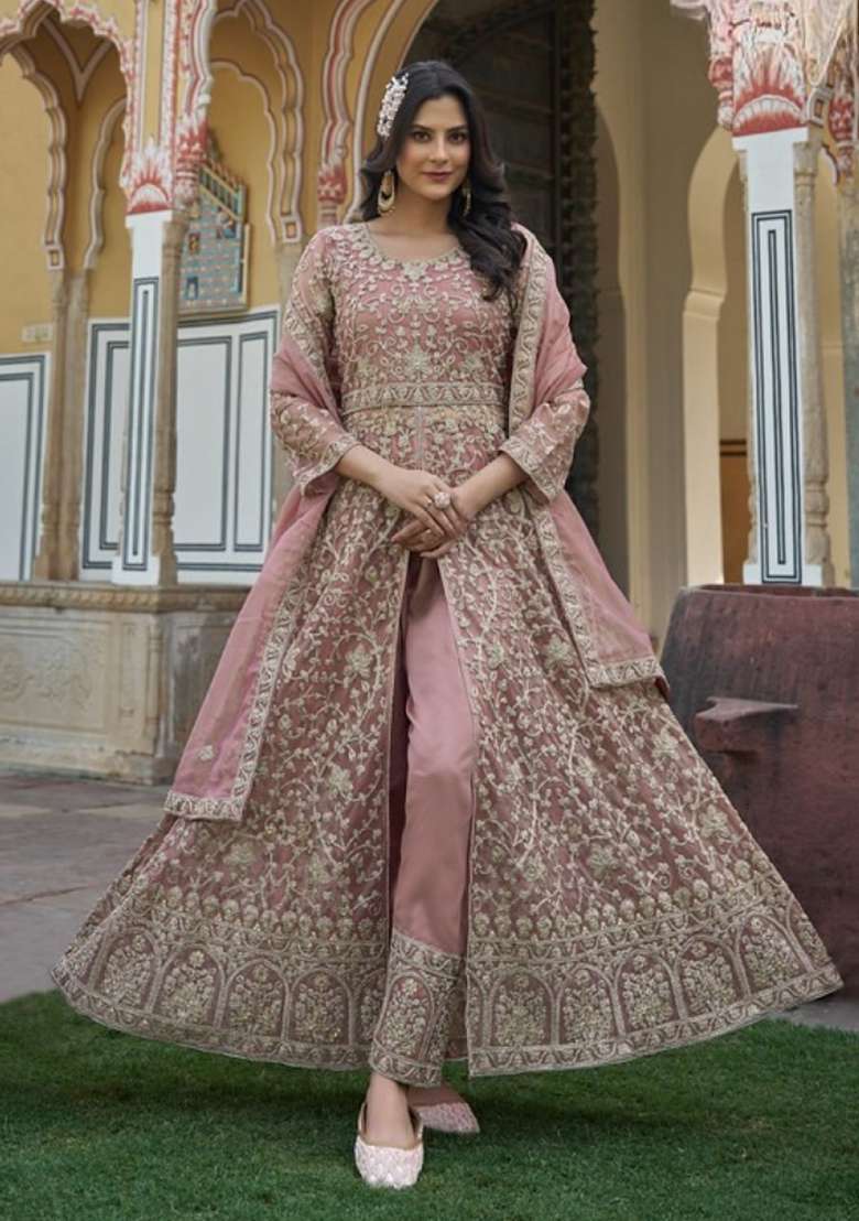 Peach Embroidered Net Anarkali Set - Indya
