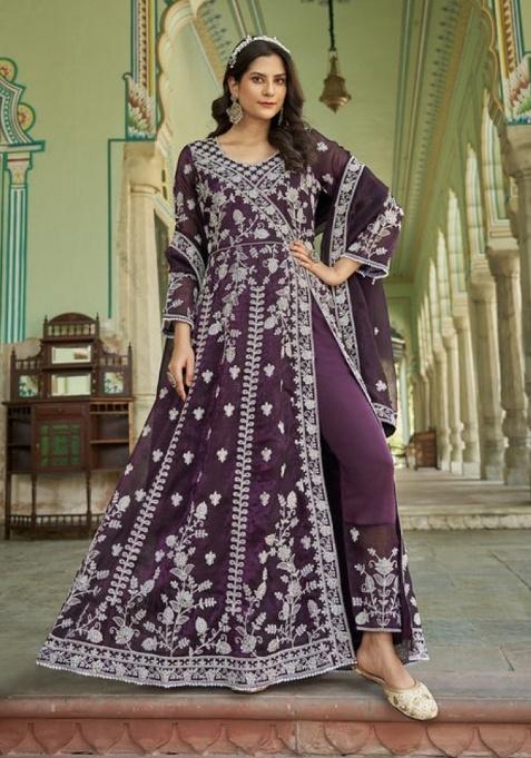 Purple Sequence And Thread Work Silk Kurta Set