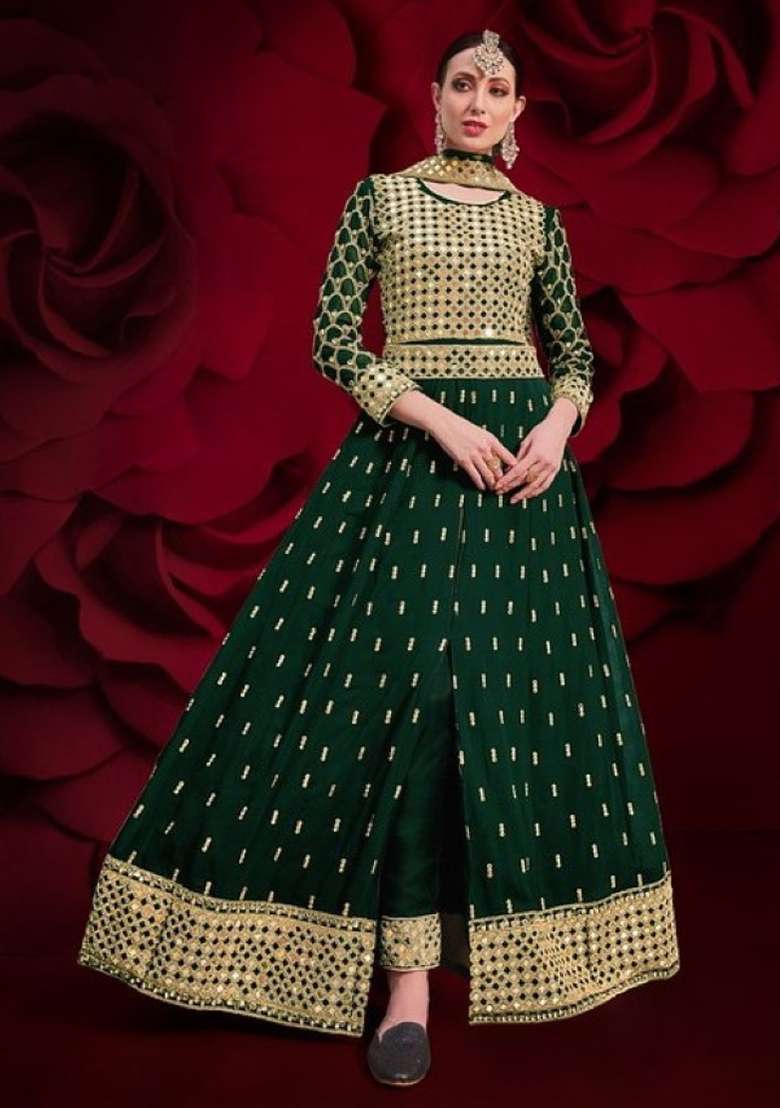 Dark Green Embroidered Georgette Anarkali Set - Indya