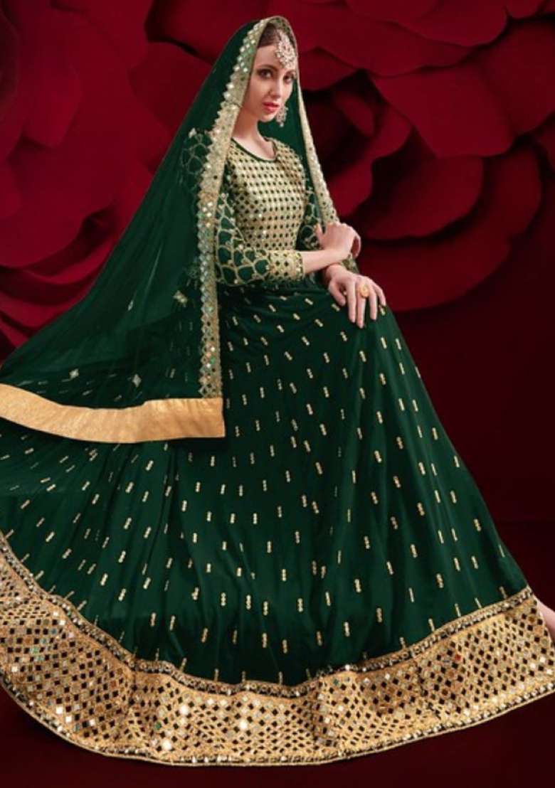 Dark Green Embroidered Georgette Anarkali Set - Indya