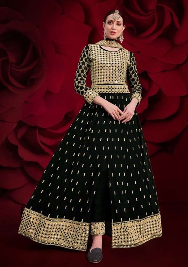 Black Embroidered Georgette Anarkali Set - Indya