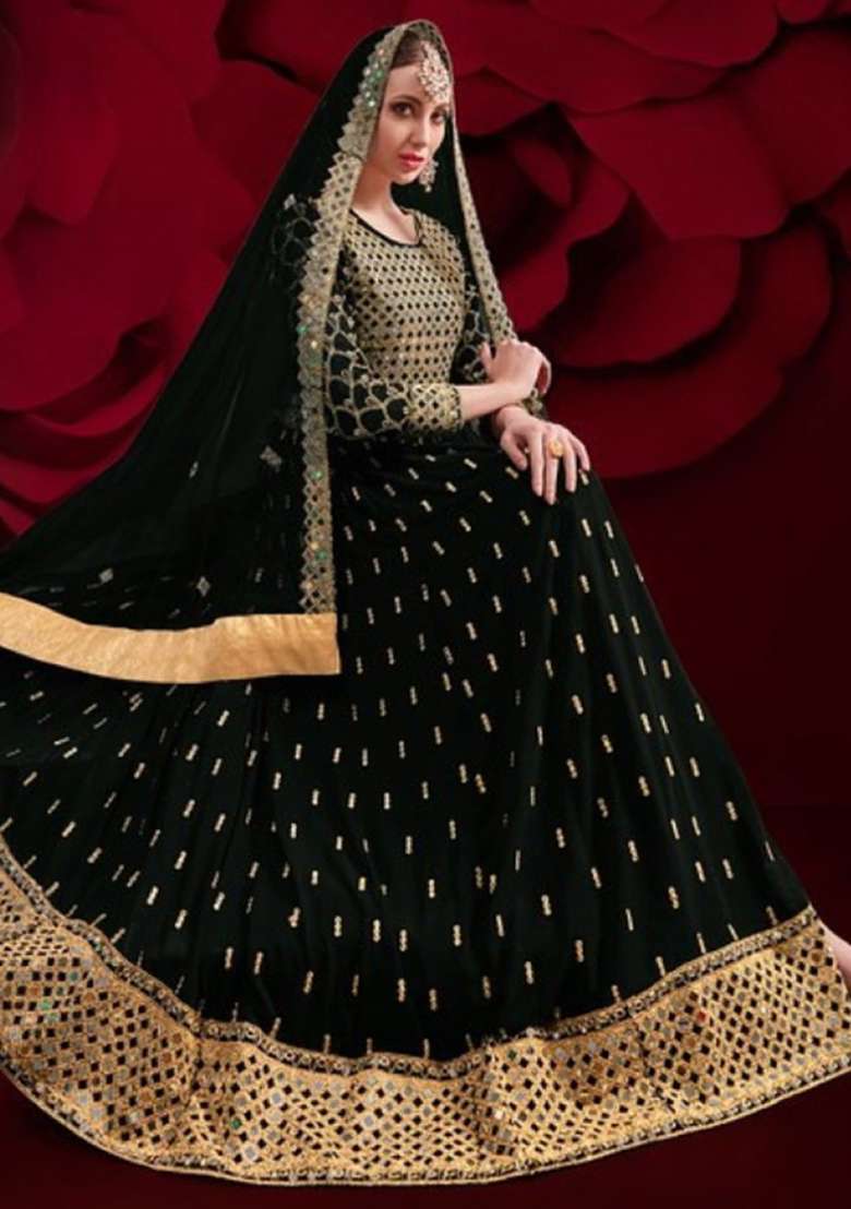 Black Embroidered Georgette Anarkali Set - Indya