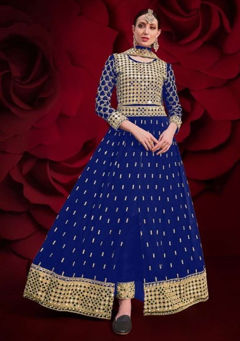 Navy Blue Embroidered Georgette Anarkali Set - Indya