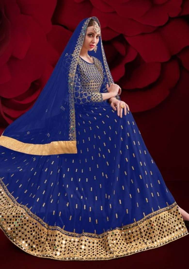 Navy Blue Embroidered Georgette Anarkali Set - Indya