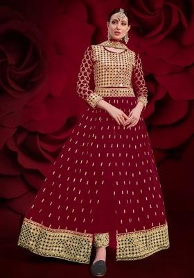 Red Sequence And Thread Work Georgette Kurta Set