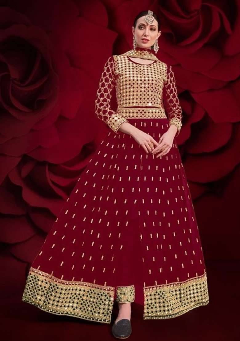 Red Embroidered Georgette Anarkali Set - Indya