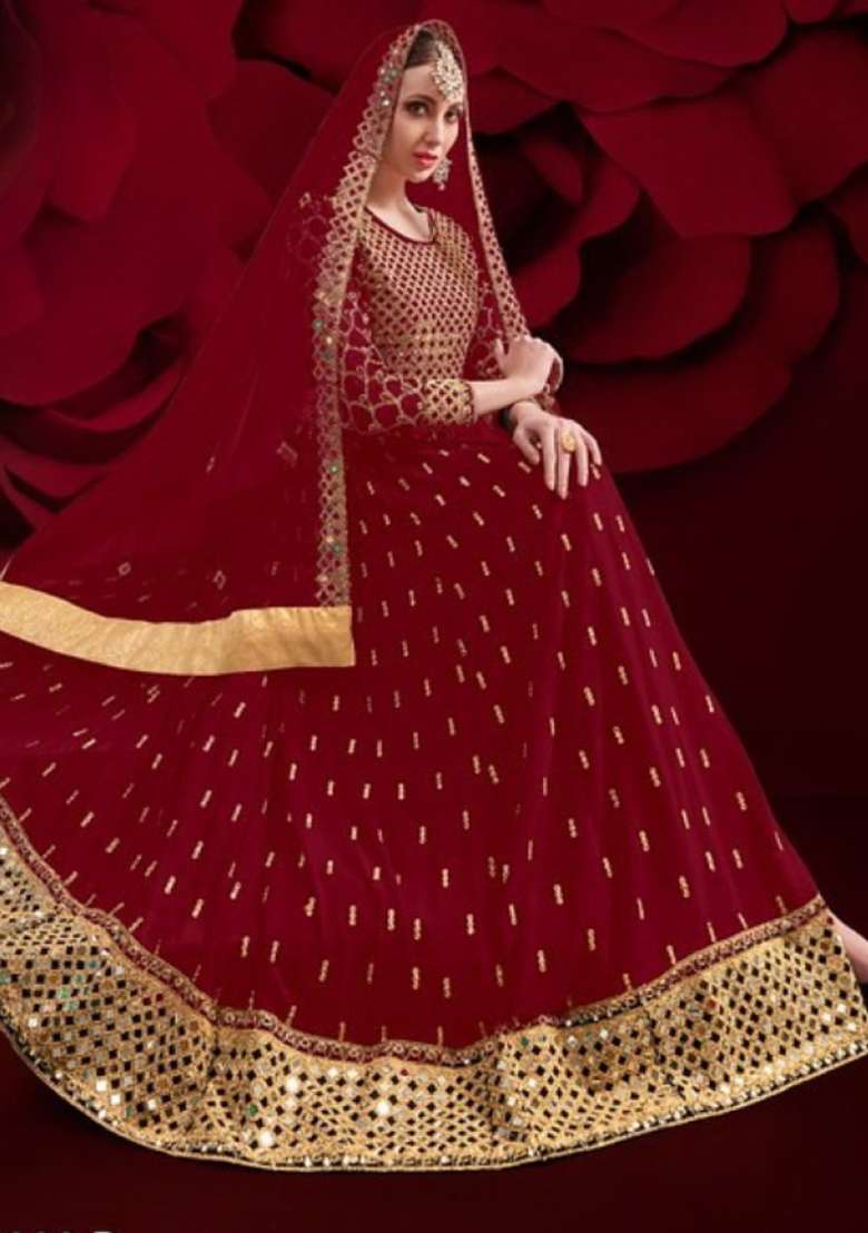 Red Embroidered Georgette Anarkali Set - Indya