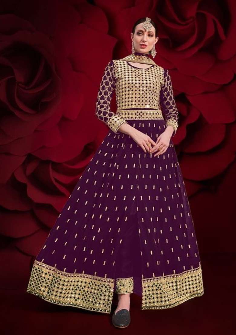 Purple Embroidered Georgette Anarkali Set - Indya