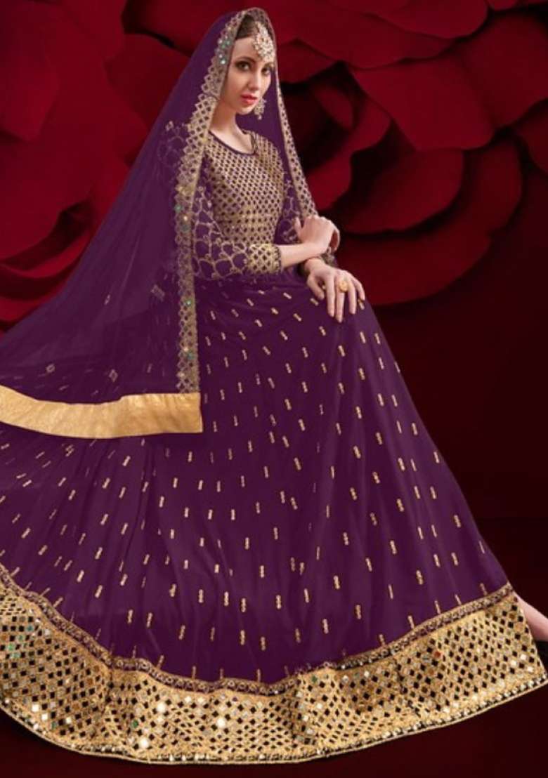 Purple Embroidered Georgette Anarkali Set - Indya