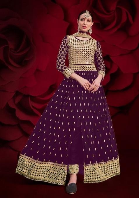 Purple Sequence And Thread Work Georgette Kurta Set