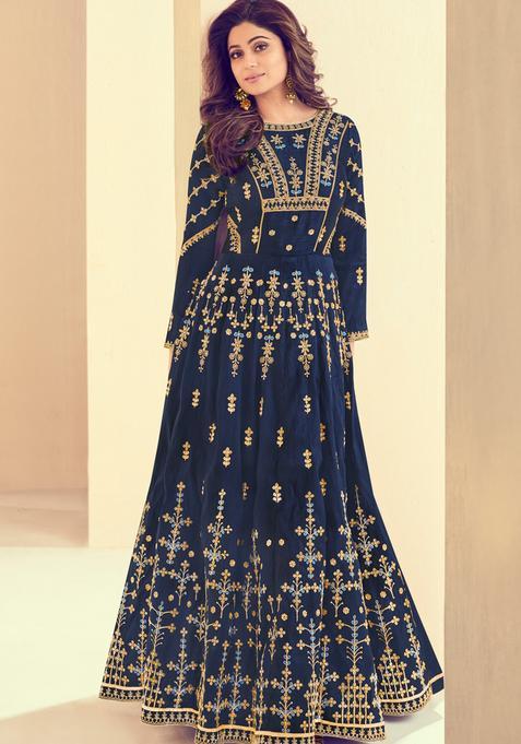 Navy Blue Embroidery Silk Kurta Set