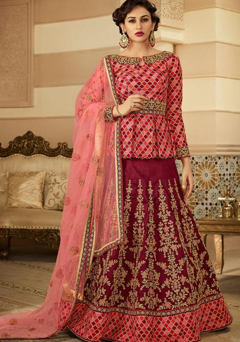 maroon Embroidery Silk Kurta Set