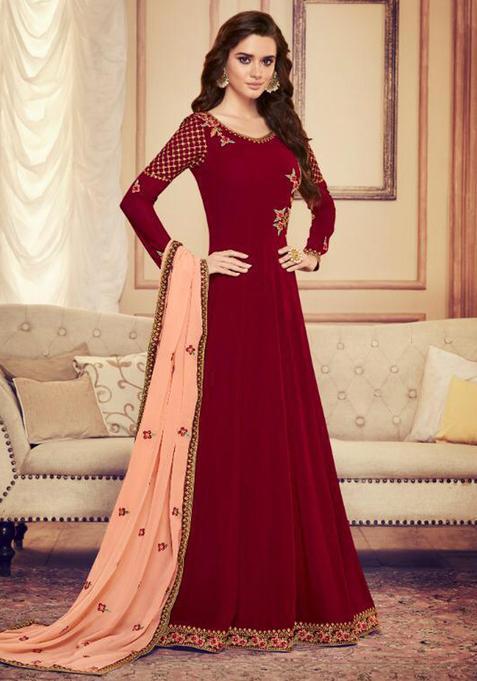 Red Embroidery Georgette Kurta Set