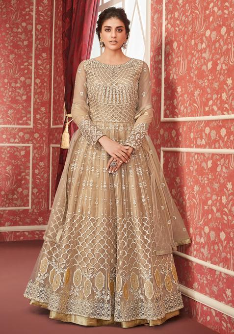 Beige Embroidery Net Kurta Set