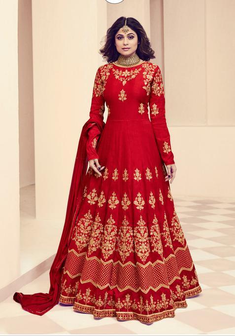 Red Embroidery Silk Kurta Set