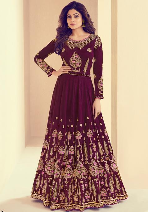 Purple Embroidery Silk Kurta Set