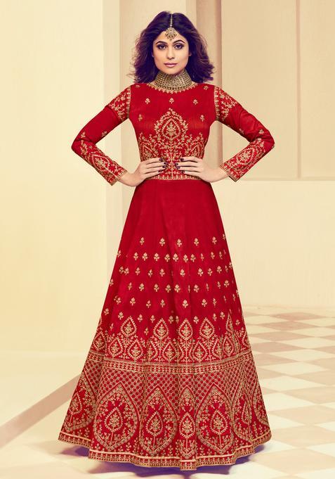 Red Embroidery Silk Kurta Set