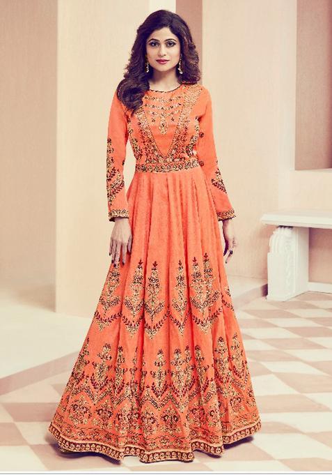Peach Embroidery Silk Kurta Set