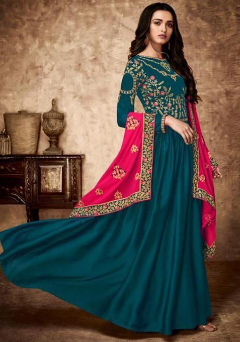 Teal Blue Embroidery Georgette Kurta Set