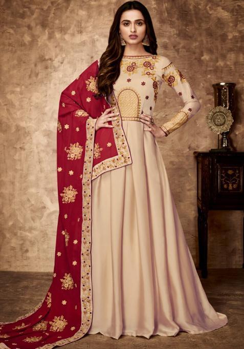 Cream Embroidery Silk Kurta Set