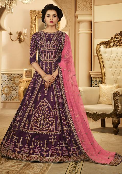Purple Embroidery Silk Kurta Set