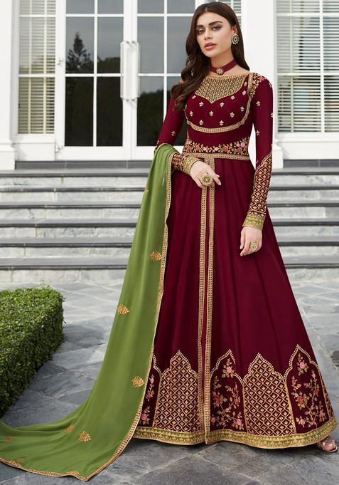 maroon Embroidery Georgette Kurta Set