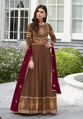 Brown Embroidery Georgette Kurta Set