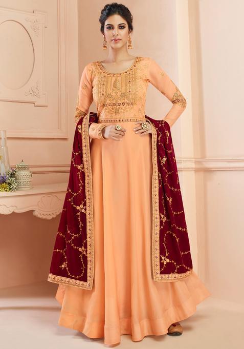 Peach Embroidery Silk Kurta Set