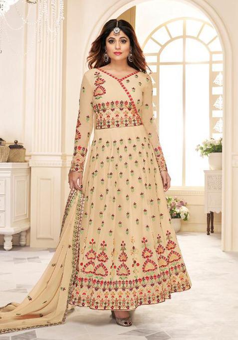 Beige Embroidery Georgette Kurta Set
