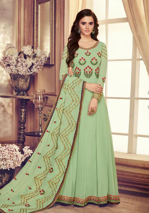 Green Embroidery Georgette Kurta Set