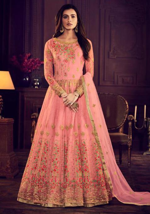 Pink Embroidery Net Kurta Set