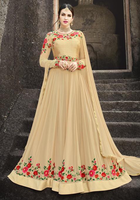 Beige Zari Work Georgette Kurta With Dupatta