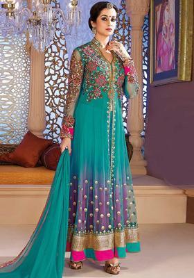 Teal Blue Sequins Embroidery Work Net Kurta Set