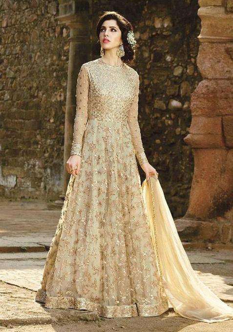 Beige Sequins Embroidery Work Net Kurta With Dupatta