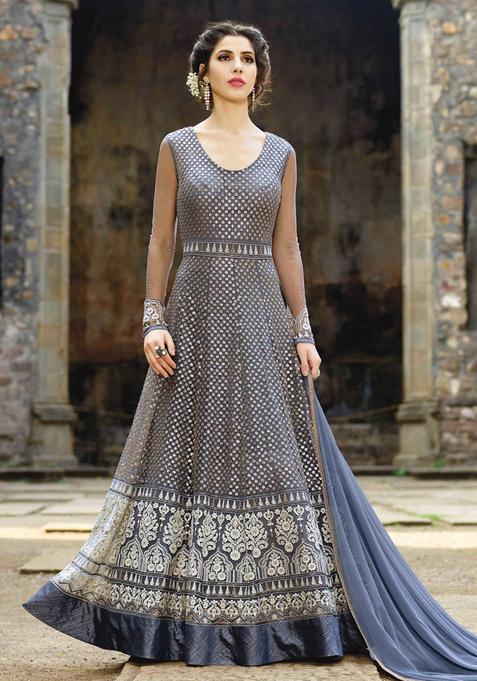 Grey Sequins Embroidery Work Net Kurta With Dupatta