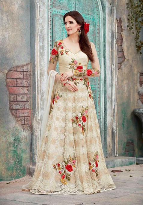 Cream Zari Work Net Kurta With Dupatta