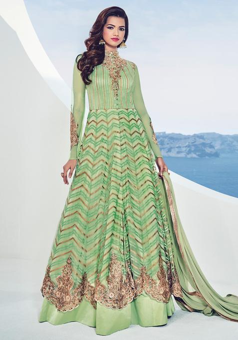 Green Embroidery Net Kurta With Dupatta