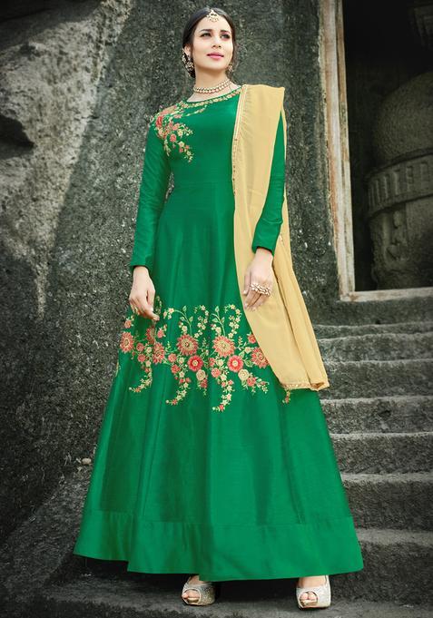 Green Embroidery Silk Kurta Set