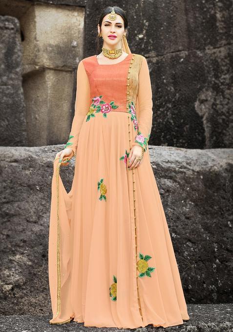 Peach Embroidery Georgette Kurta Set