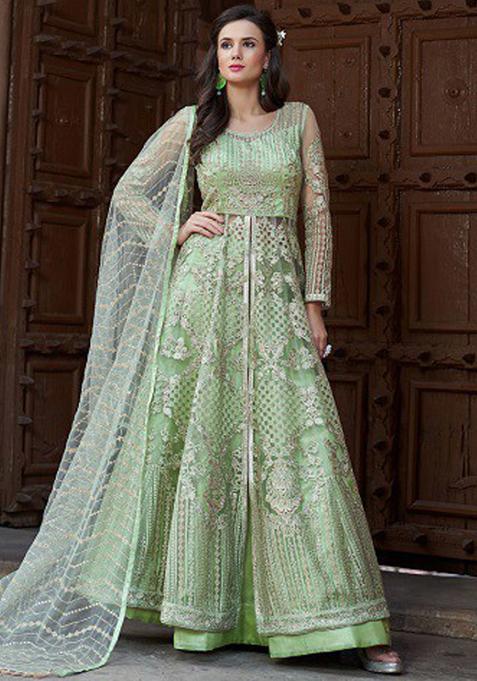 Green Embroidery Net Kurta Set