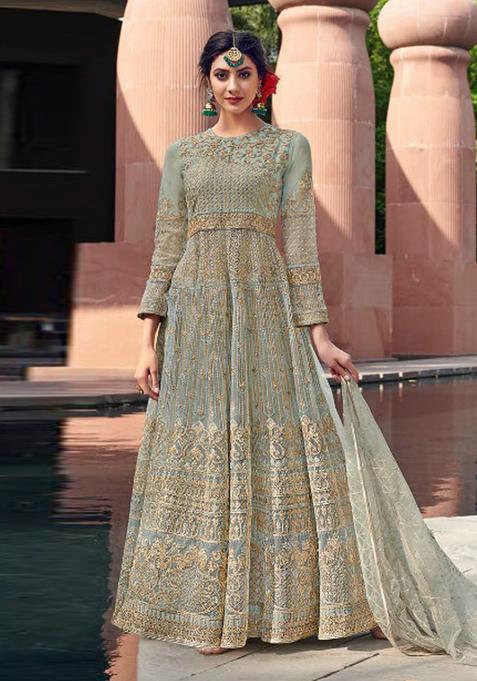 Green Embroidery Net Kurta Set