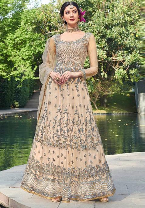 Cream Embroidery Net Kurta Set