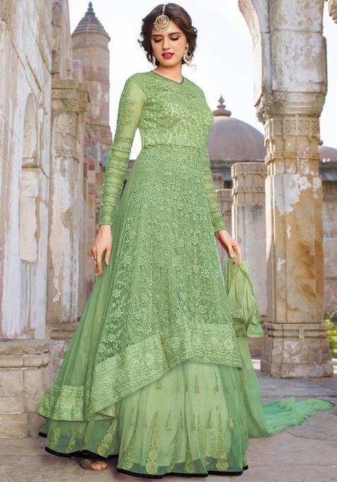 Green Embroidery Net Kurta Set