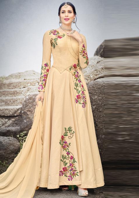 Beige Gota Work Silk Kurta With Dupatta