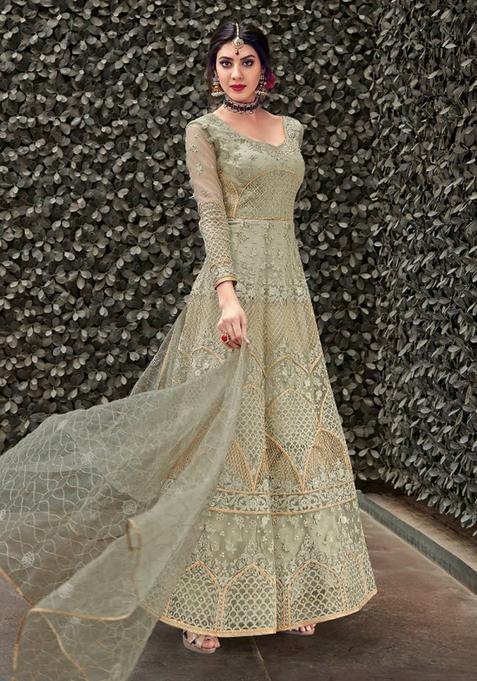 Green Embroidery Net Kurta Set